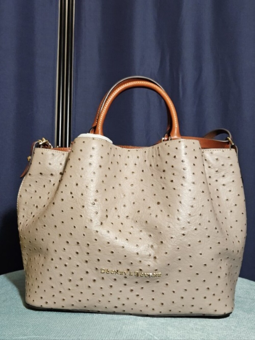 Dooney & Bourke Beige Ostrich-Embossed Tote with Tan Handles